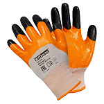 Перчатки для садовых работ, полиэстеровые, нитриловое покрытие (оранж.+черн.)