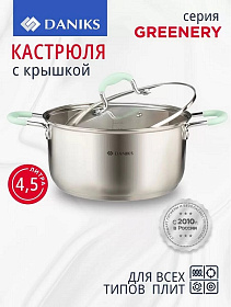 Кастрюля нерж, 4.5 л, крыш стекло, силикон руч мят, Daniks, Гринери, SD-23-22-2, индукц