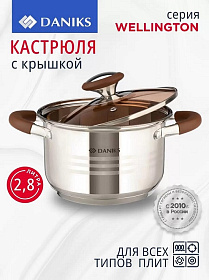 Кастрюля нерж, 2.8 л, крыш стекло, Daniks, Веллингтон, GS-01415-18CA, серебр, индукц