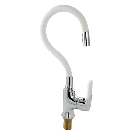 Смеситель кухонный, боковой, шаровый с гибким изливом БЕЛЫЙ